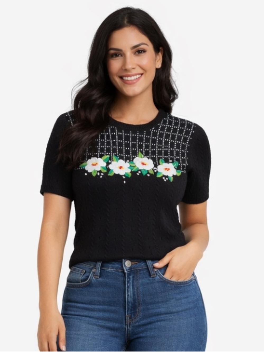 Susan Bristol 1990’s black Vgt sweater with hand embroidery floral small